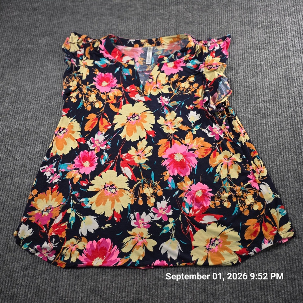 Dear Scarlett Floral Flutter Sleeve Blouse Womens 2X Navy Pink V-Neck Ruffle Top